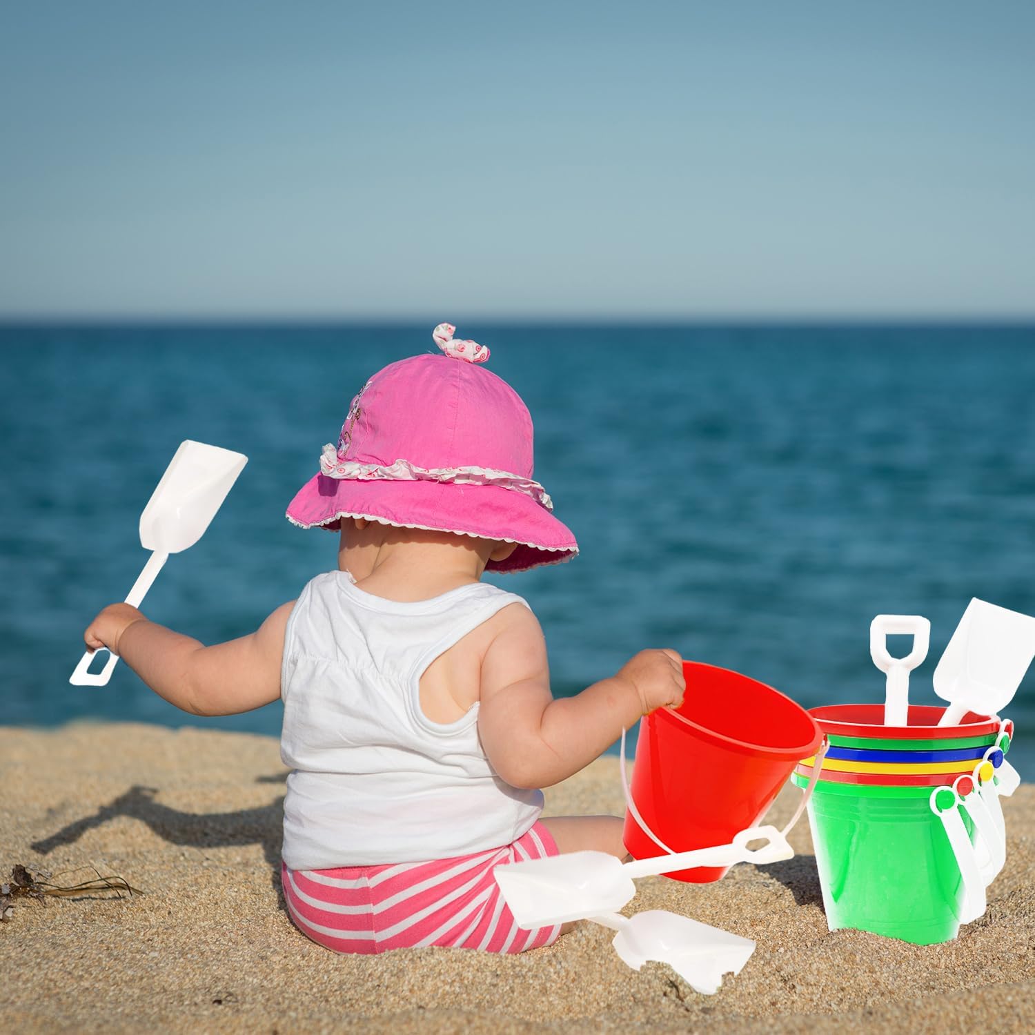 The Dreidel Company Beach Day Playsets, (Pack of 3) 5.25 Sand Bucket Play Set Box Includes, Pail & Shovel Sand Toy for Boys and Girls Birthday Party Favor